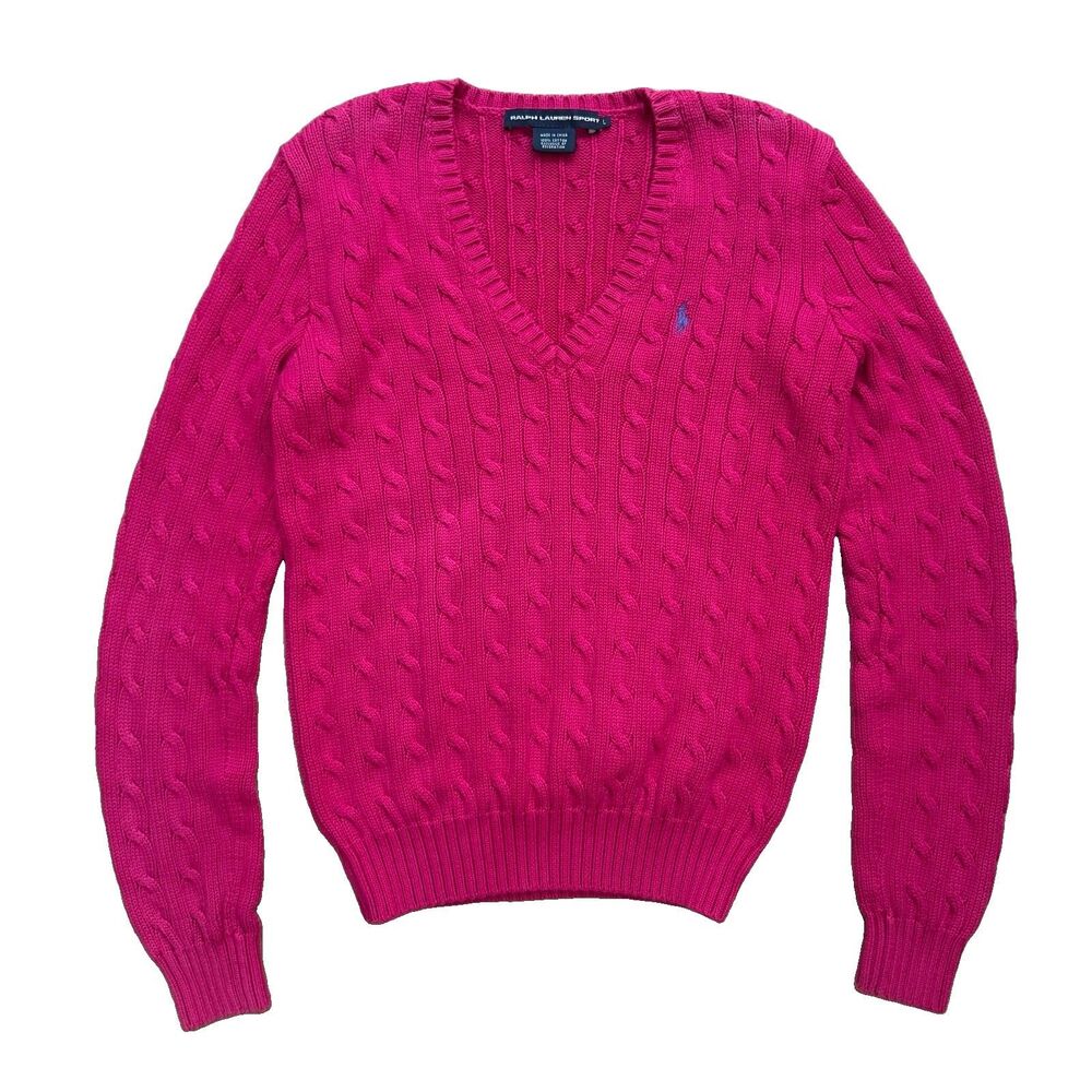 Polo Ralph Lauren Cable Knit  V Neck Magenta Sweater Womens Size L Purple Pony